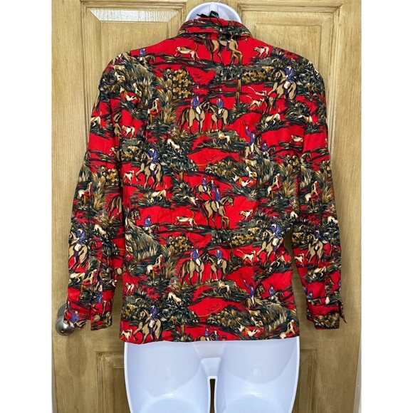Vintage Equestrian Horse Dog Hunting Scene Cotton Button Down Red Shirt Small - Picture 2 of 8